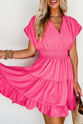 Chic Ruffled V-Neck Smock Dress with Elegant Pleated Sleeves-1
